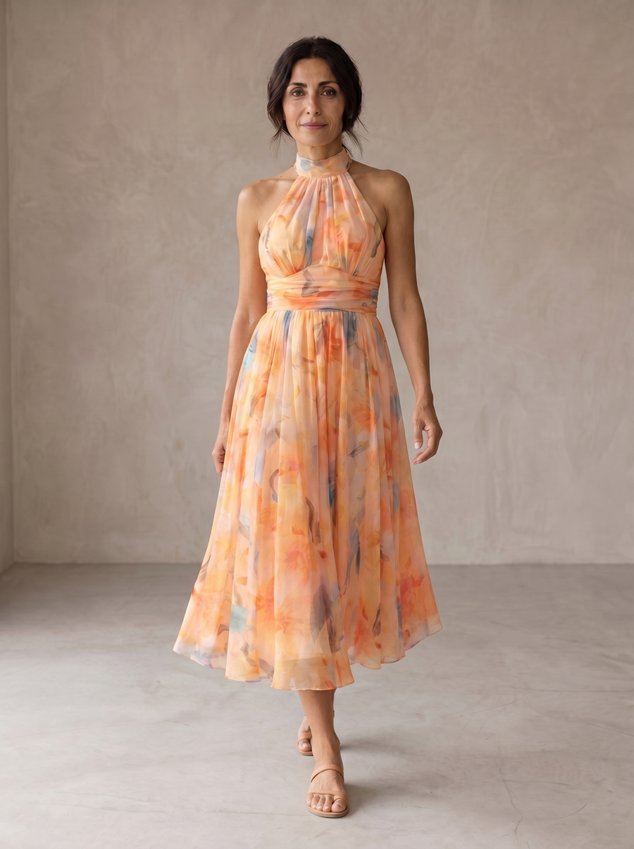 Aurora | Halterneck Dress with Watercolour Print