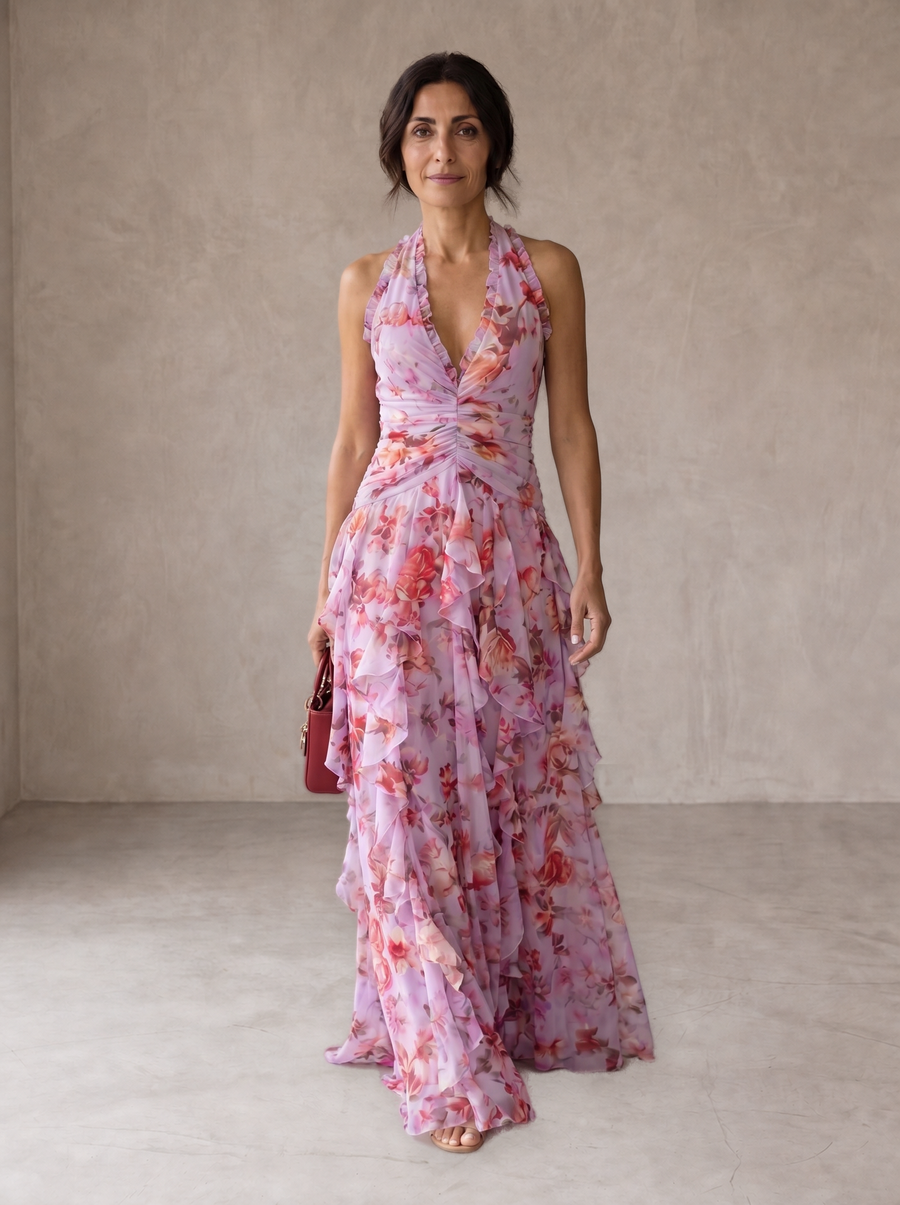 Belladina | Romantic Cascading Rose Halterneck Maxi Dress