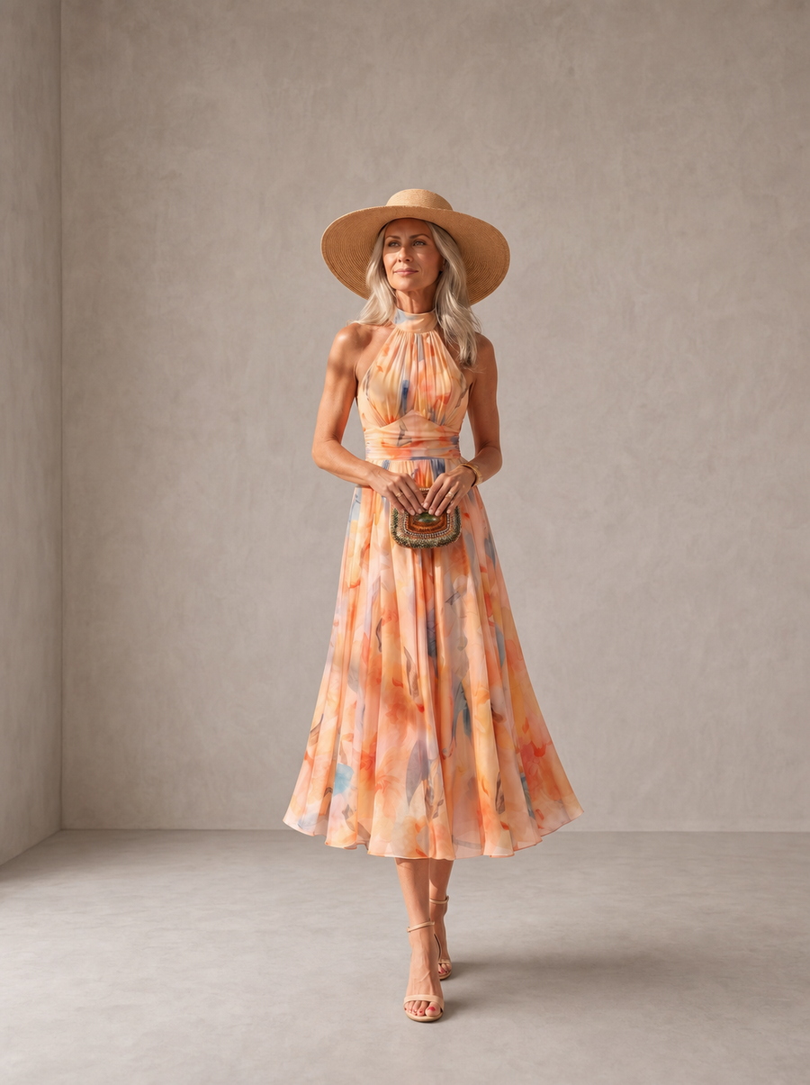 Aurora | Halterneck Dress with Watercolour Print