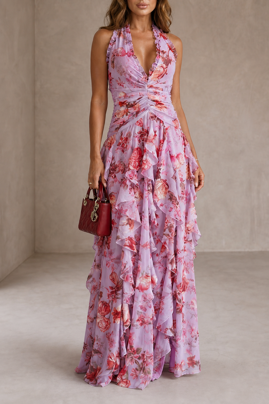 Belladina | Romantic Cascading Rose Halterneck Maxi Dress