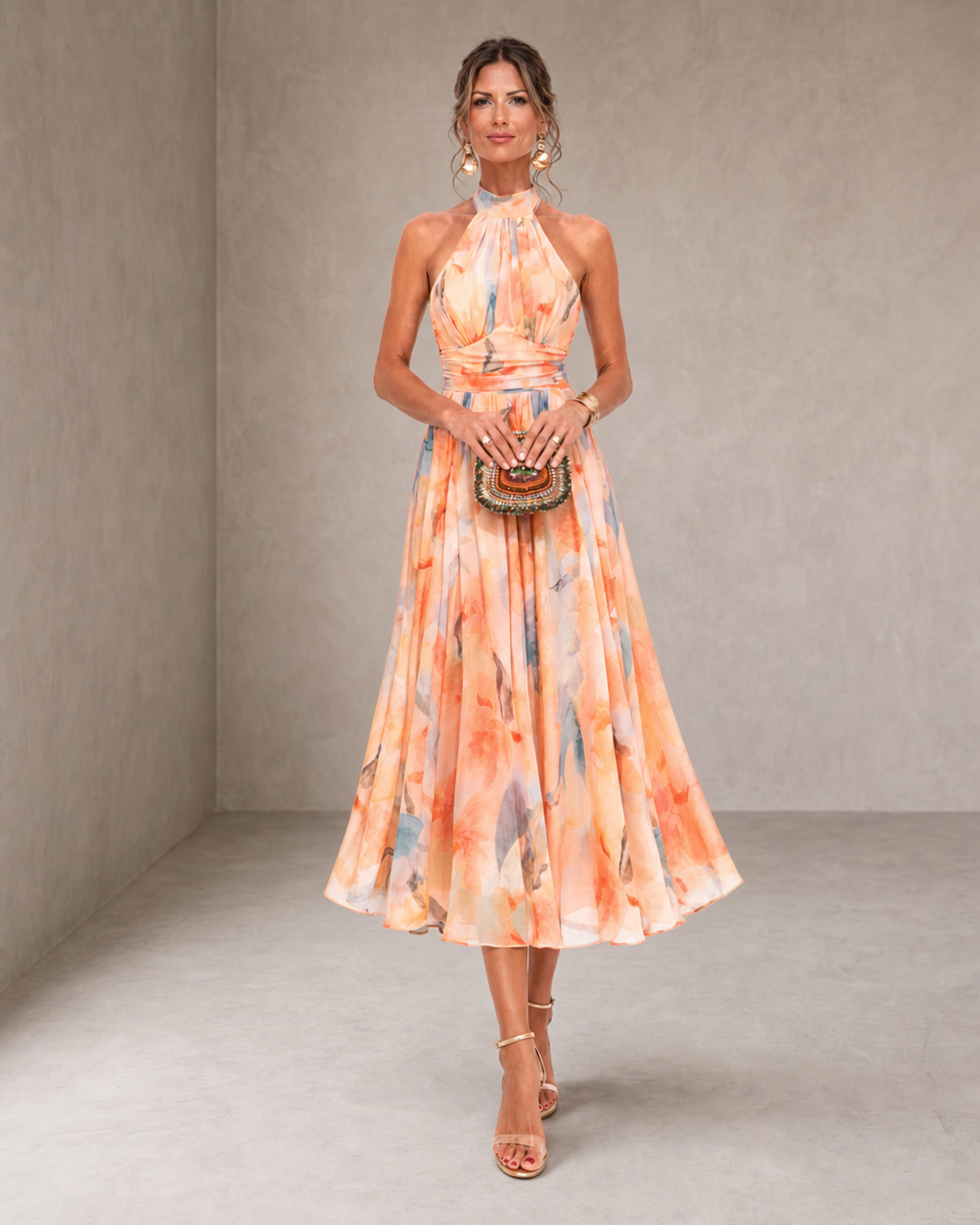 Aurora | Halterneck Dress with Watercolour Print