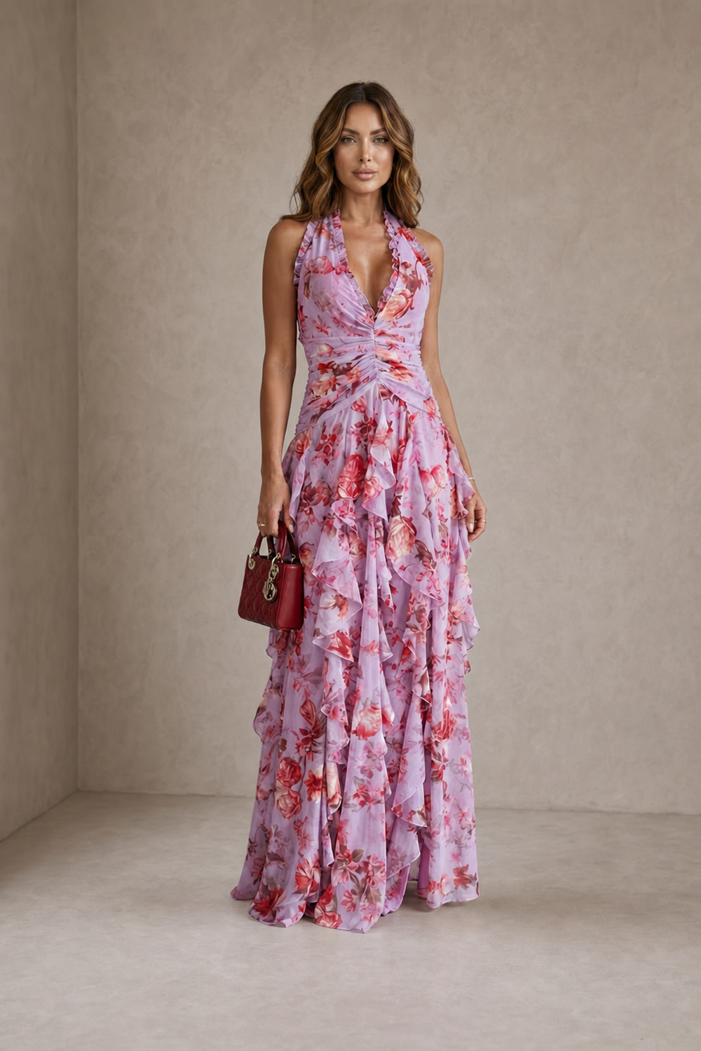 Belladina | Romantic Cascading Rose Halterneck Maxi Dress