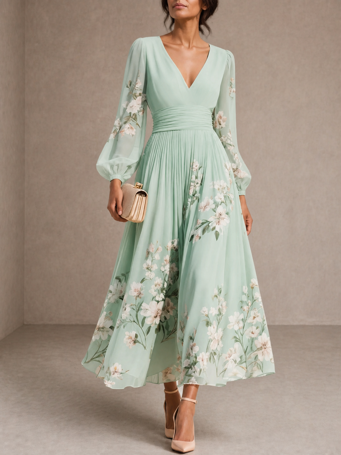 Cisella | Light Green Floral Midi Dress