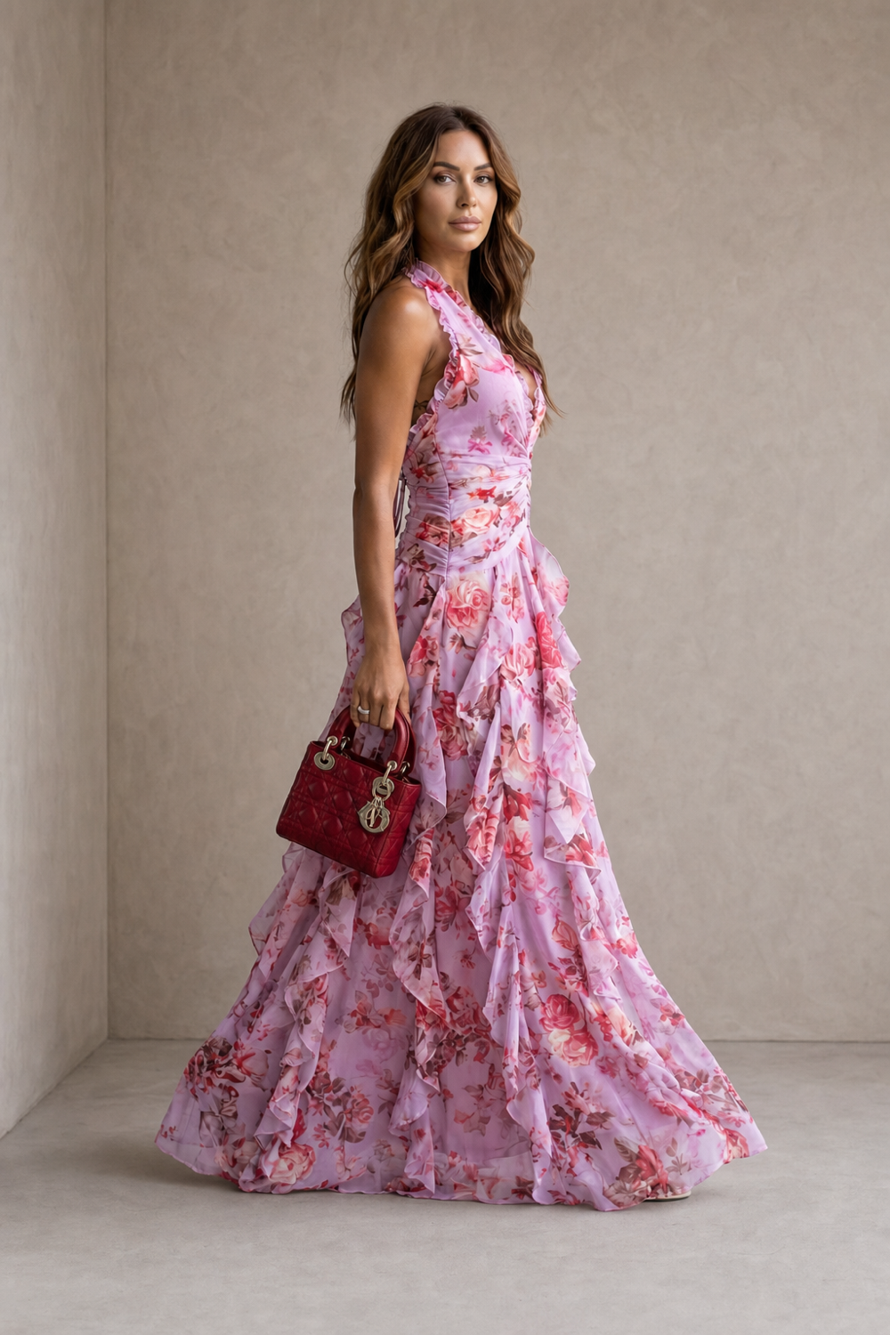Belladina | Romantic Cascading Rose Halterneck Maxi Dress