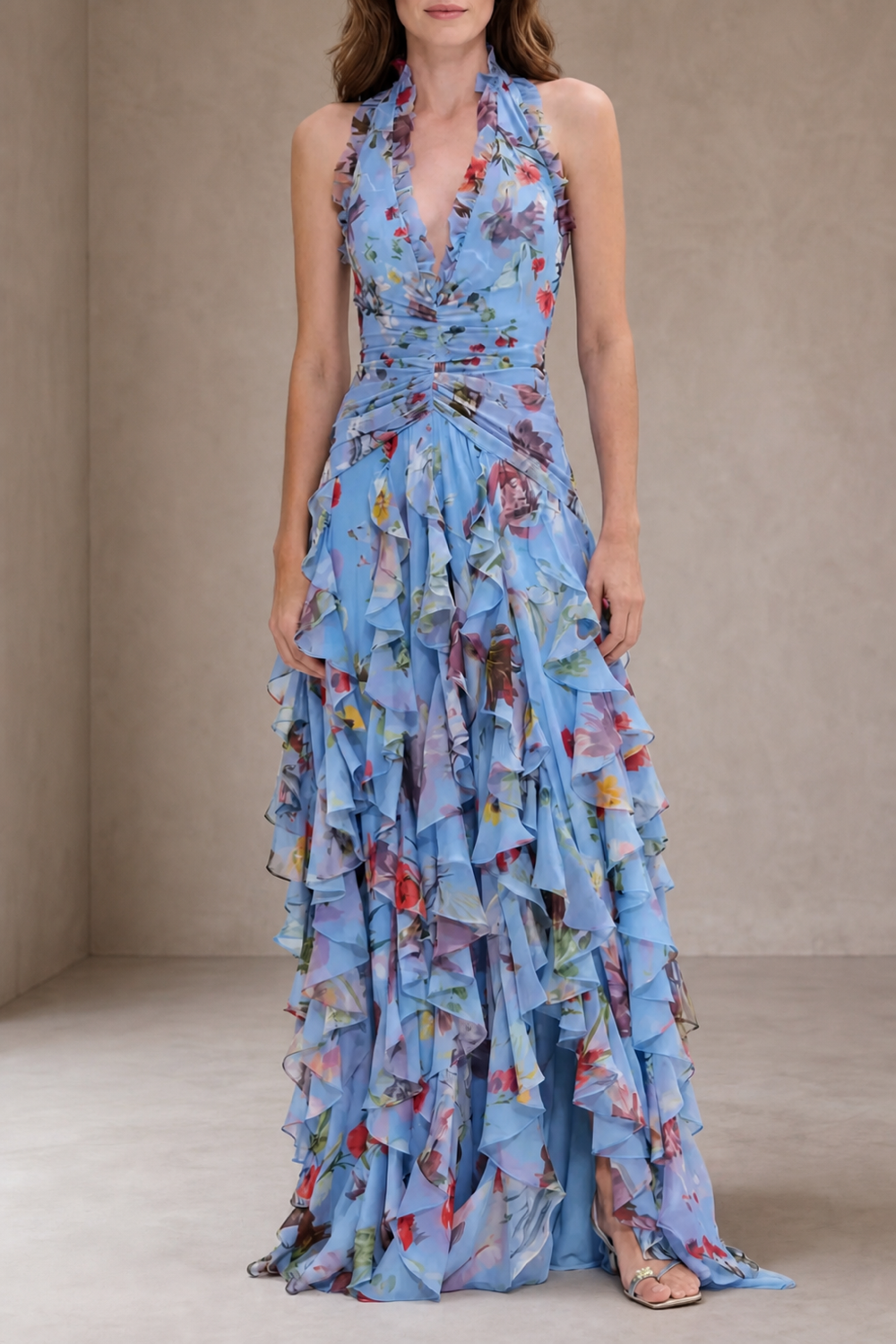 Belladina | Romantic Cascading Rose Halterneck Maxi Dress