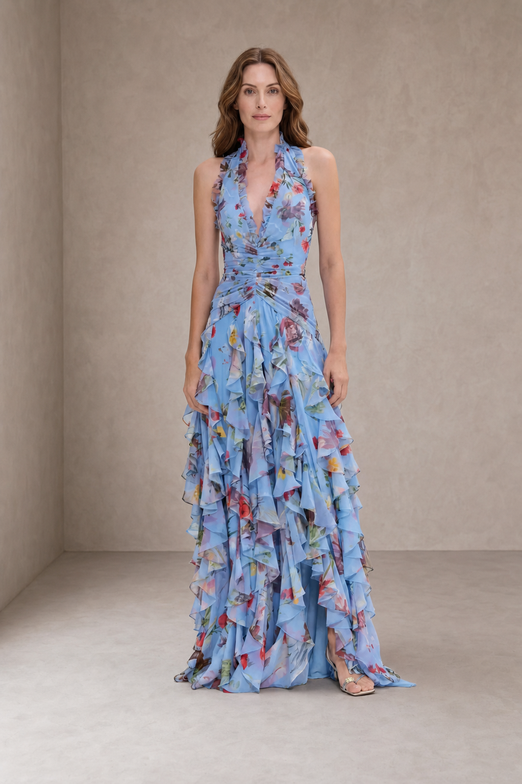 Belladina | Romantic Cascading Rose Halterneck Maxi Dress