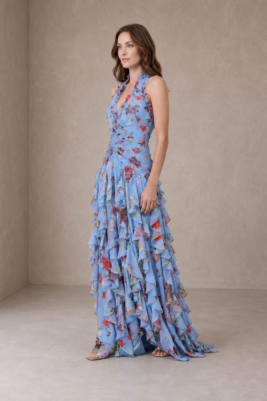Belladina | Romantic Cascading Rose Halterneck Maxi Dress