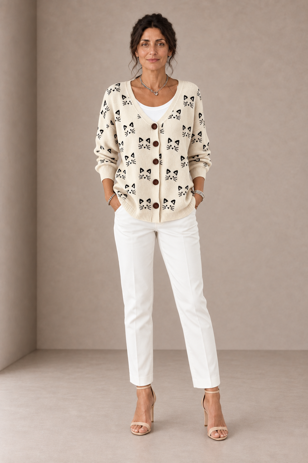 Adele | Ivory Cardigan with Black Cats
