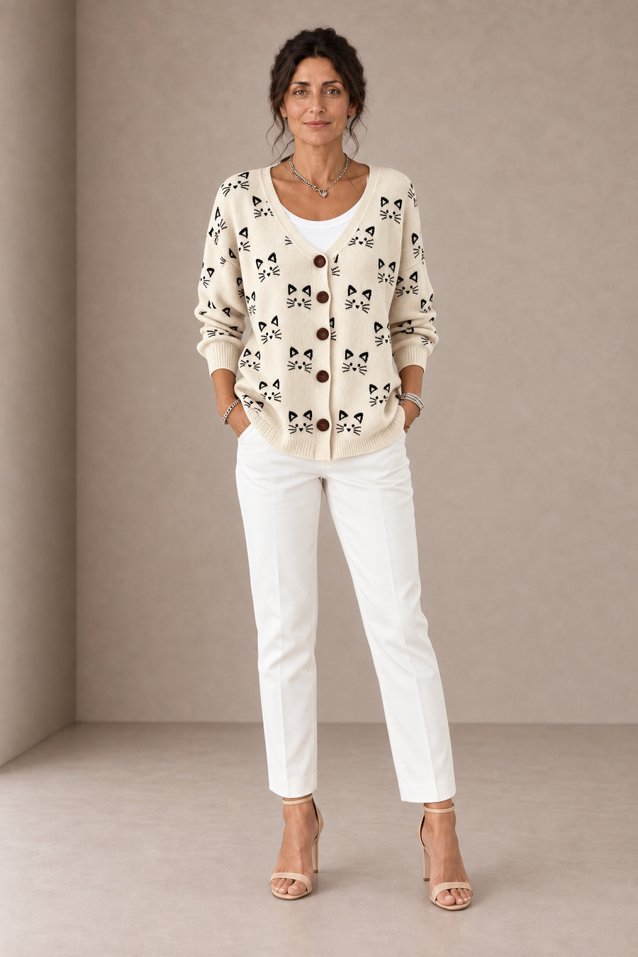 Adele | Ivory Cardigan with Black Cats