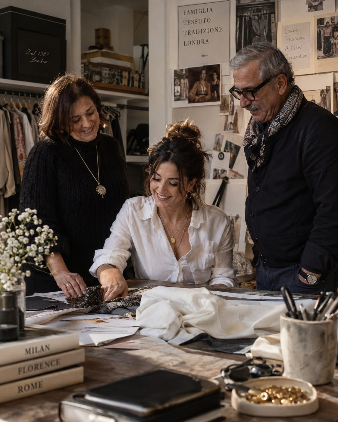 Giulia, Marco and Sofia in the Bellini & Rossi workroom in London