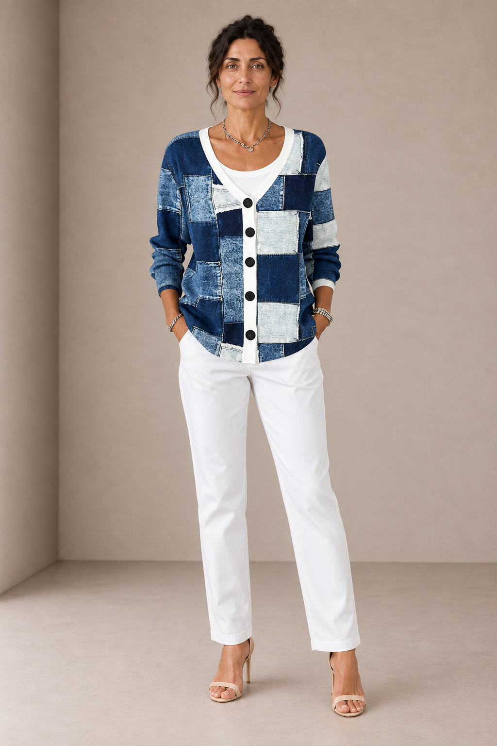 Benedetta | Blue Denim-Effect Patchwork Cardigan