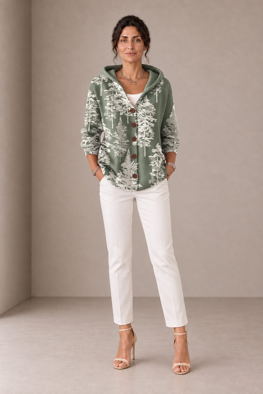 Bianca | Green Hooded Cardigan with Fir Trees