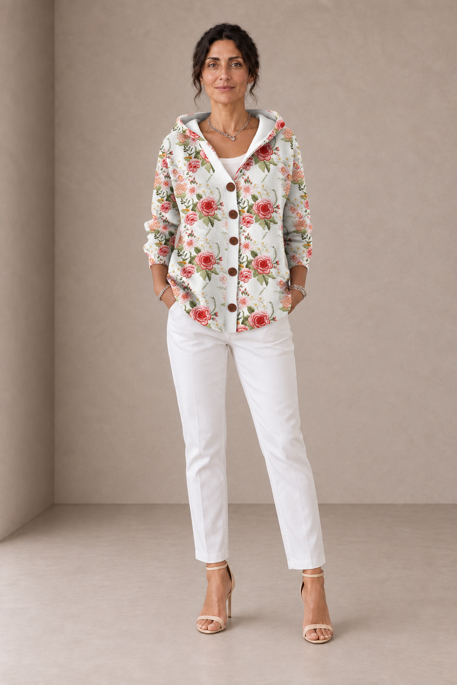 Cesarina | White Hooded Cardigan with Roses