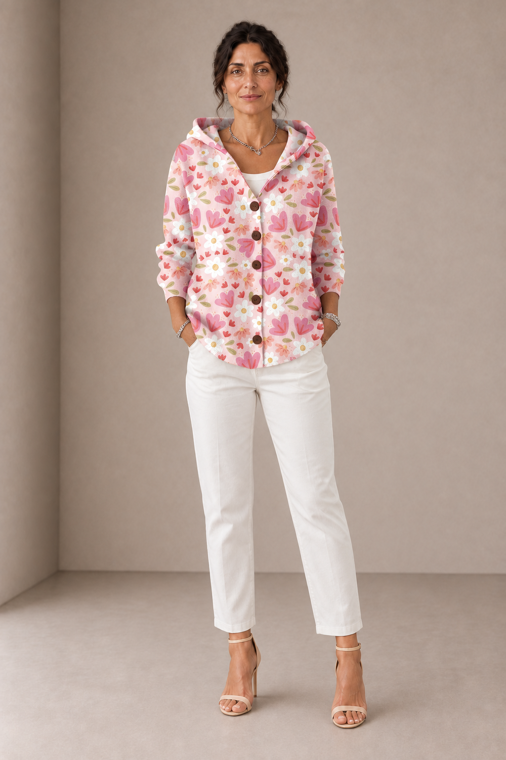 Elsa | Pink Hooded Cardigan with Daisies