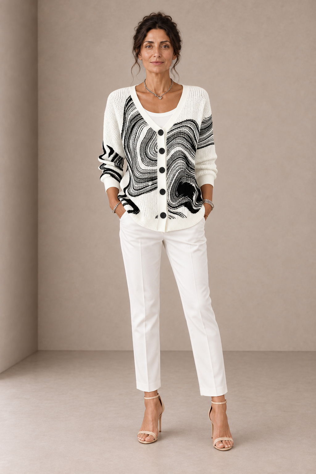 Emilia | White Cardigan with Black Waves