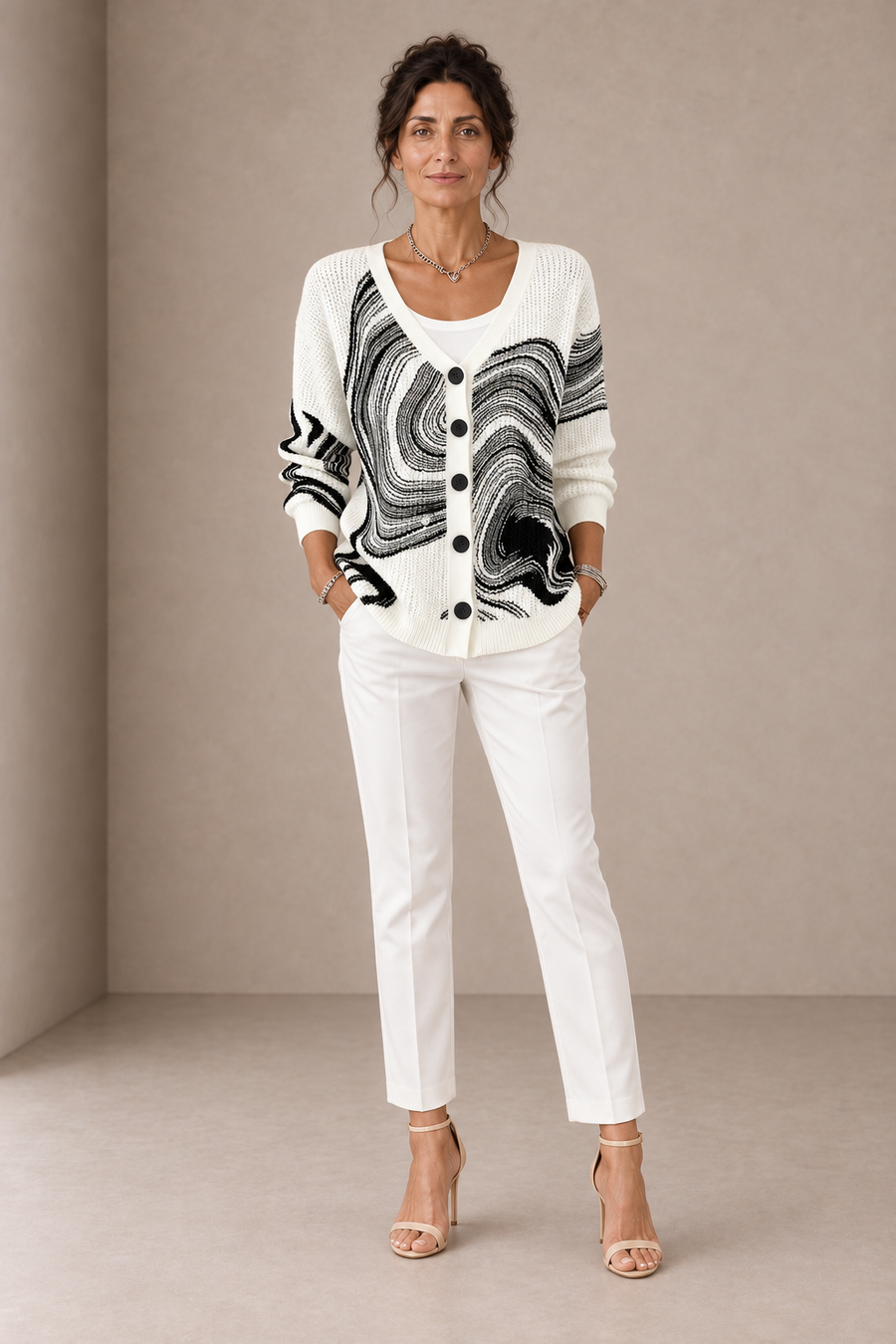 Emilia | White Cardigan with Black Waves