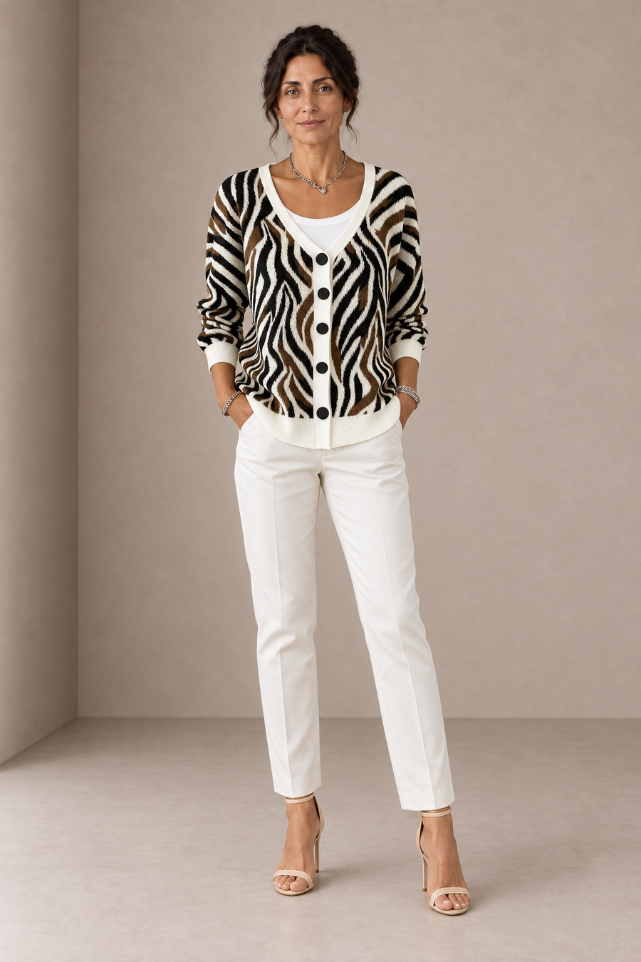 Gemma | White, Black and Brown Zebra Print Cardigan