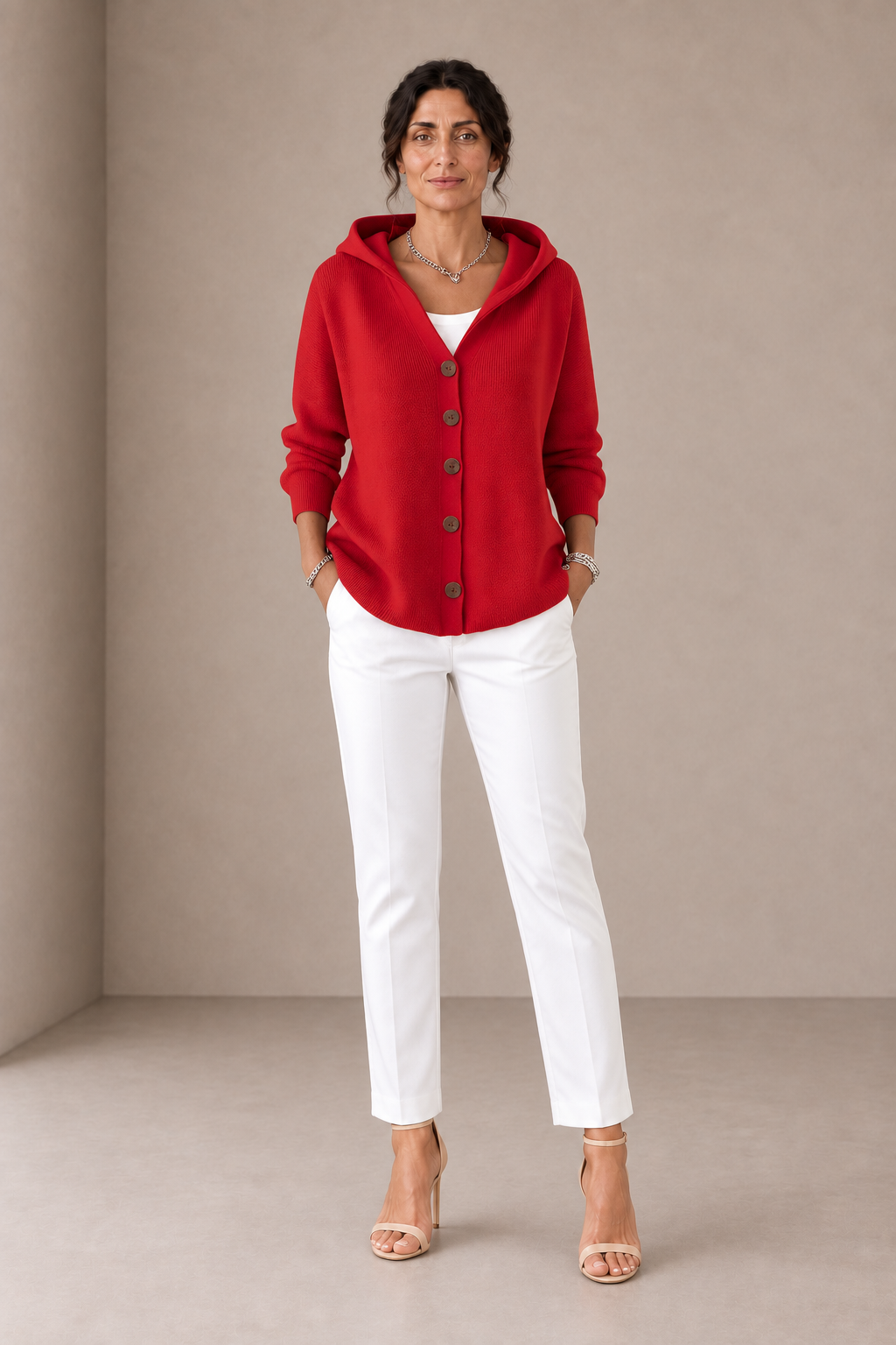 Giuseppa | Plain Red Hooded Cardigan