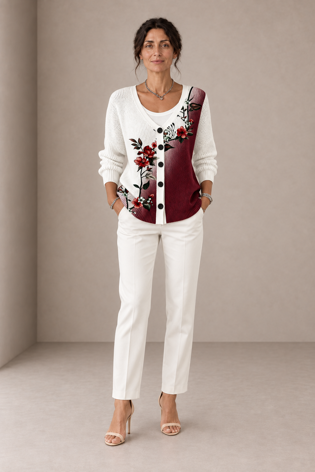 Incoronata | White and Burgundy Floral Cardigan