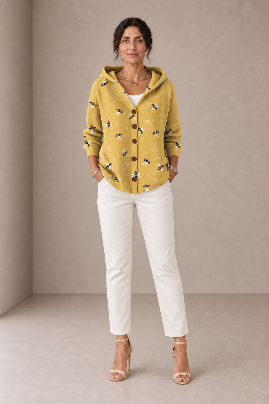 Isabella | Ochre Hooded Cardigan with Bees