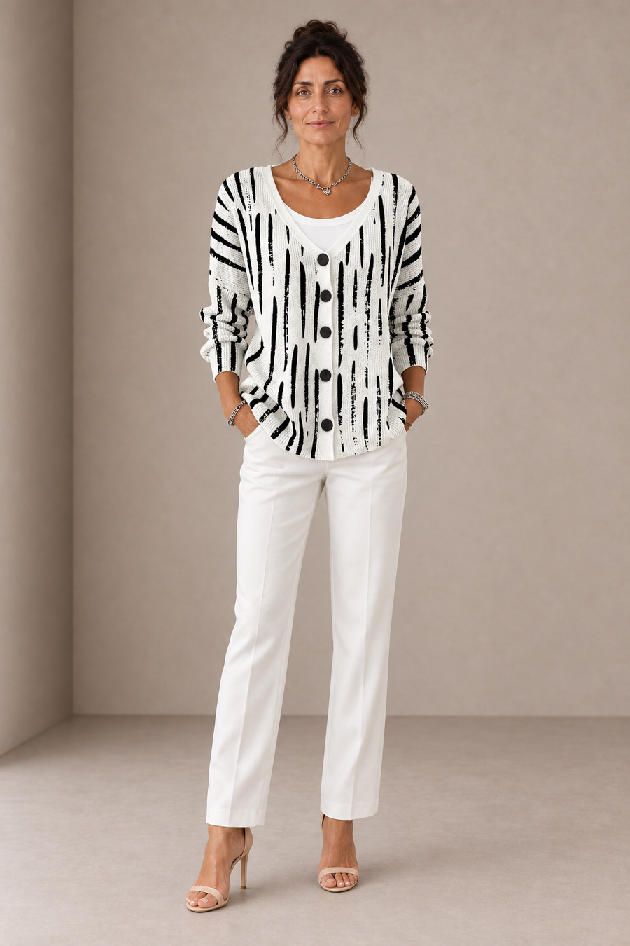 Leonora | White Cardigan with Black Lines