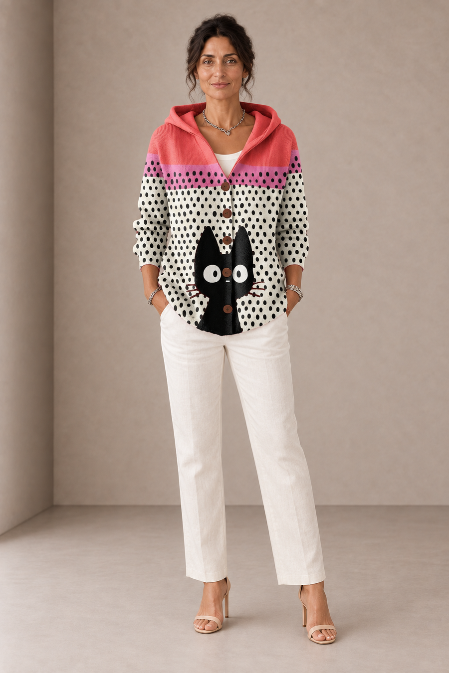 Loreta | Coral Hooded Cardigan with Cat