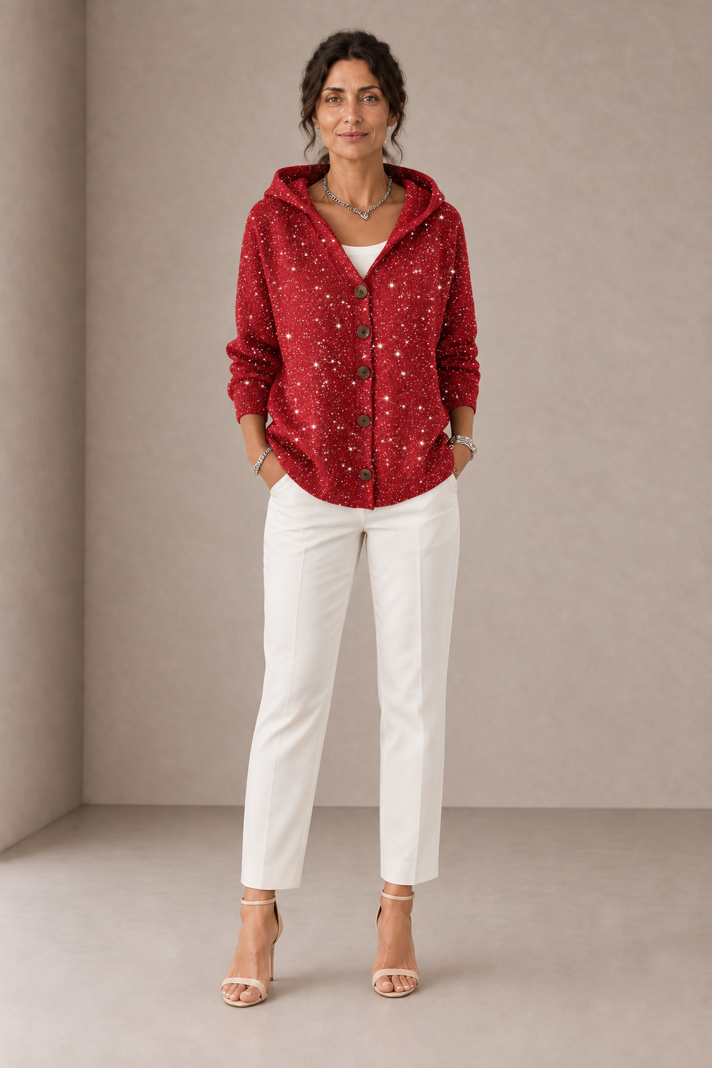 Manuela | Red Glitter-Effect Hooded Cardigan