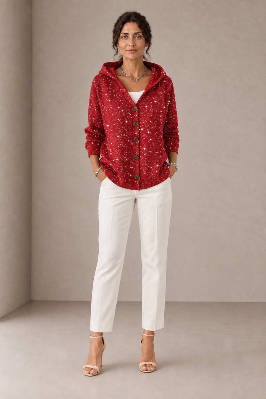 Manuela | Red Glitter-Effect Hooded Cardigan