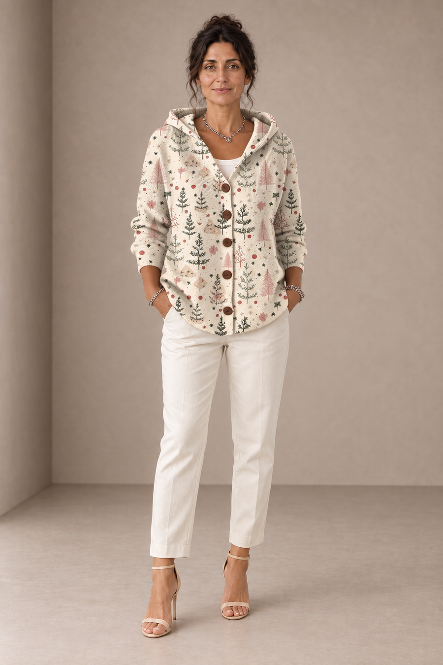 Marcella | Cream Hooded Cardigan with Little Trees