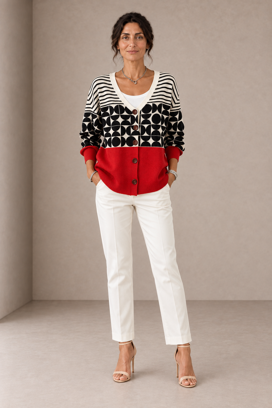 Matilde | Red, Black and Ivory Geometric Cardigan