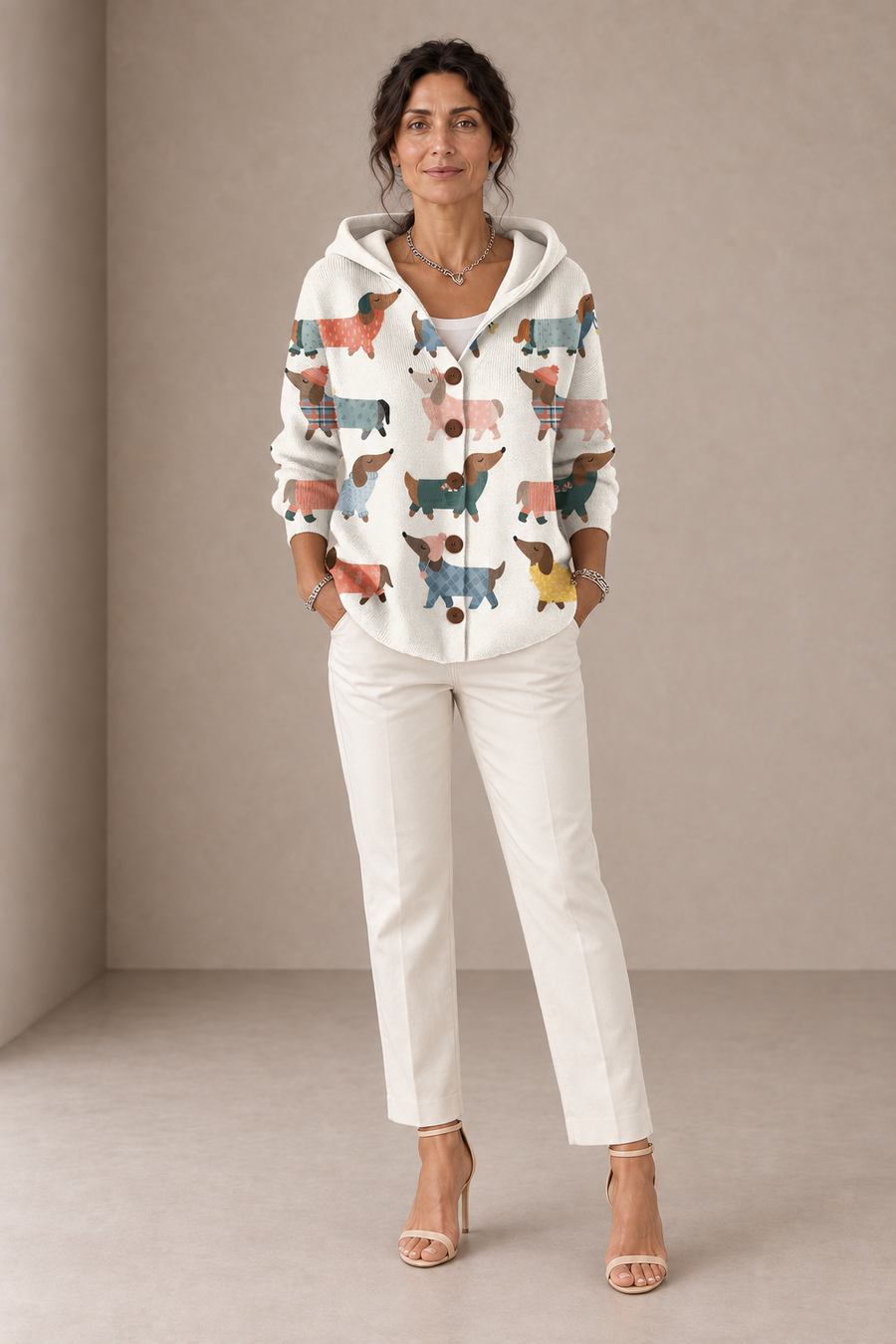 Neve | Ivory Hooded Cardigan with Dachshunds