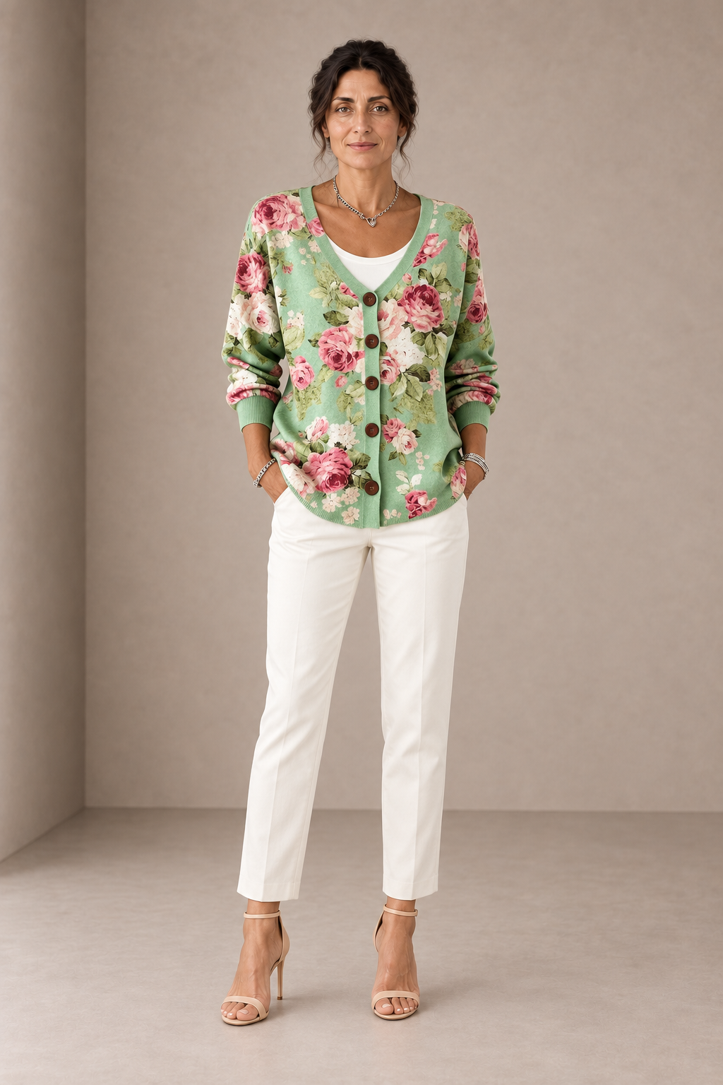 Olga | Mint Green Cardigan with Pink Roses