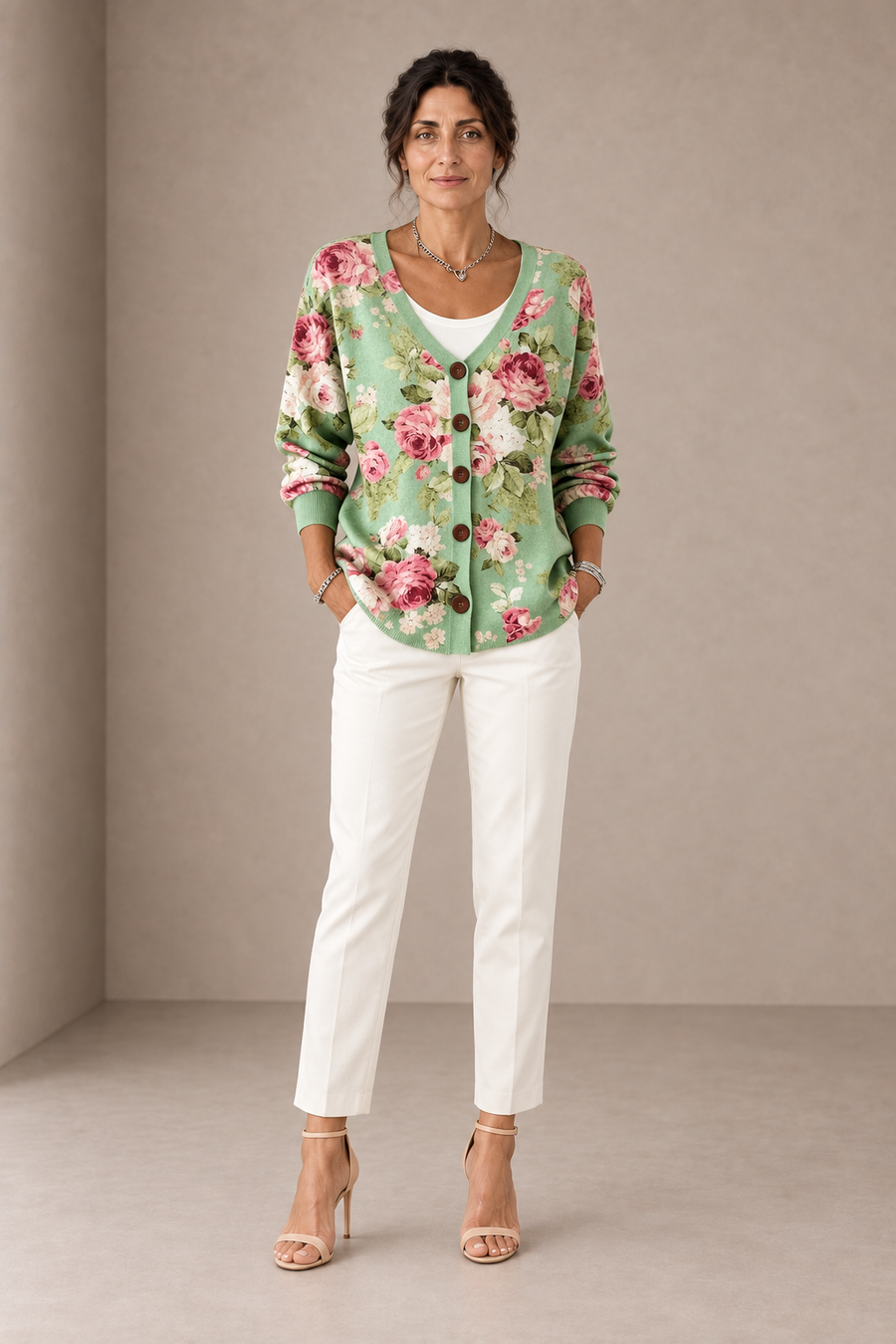 Olga | Mint Green Cardigan with Pink Roses