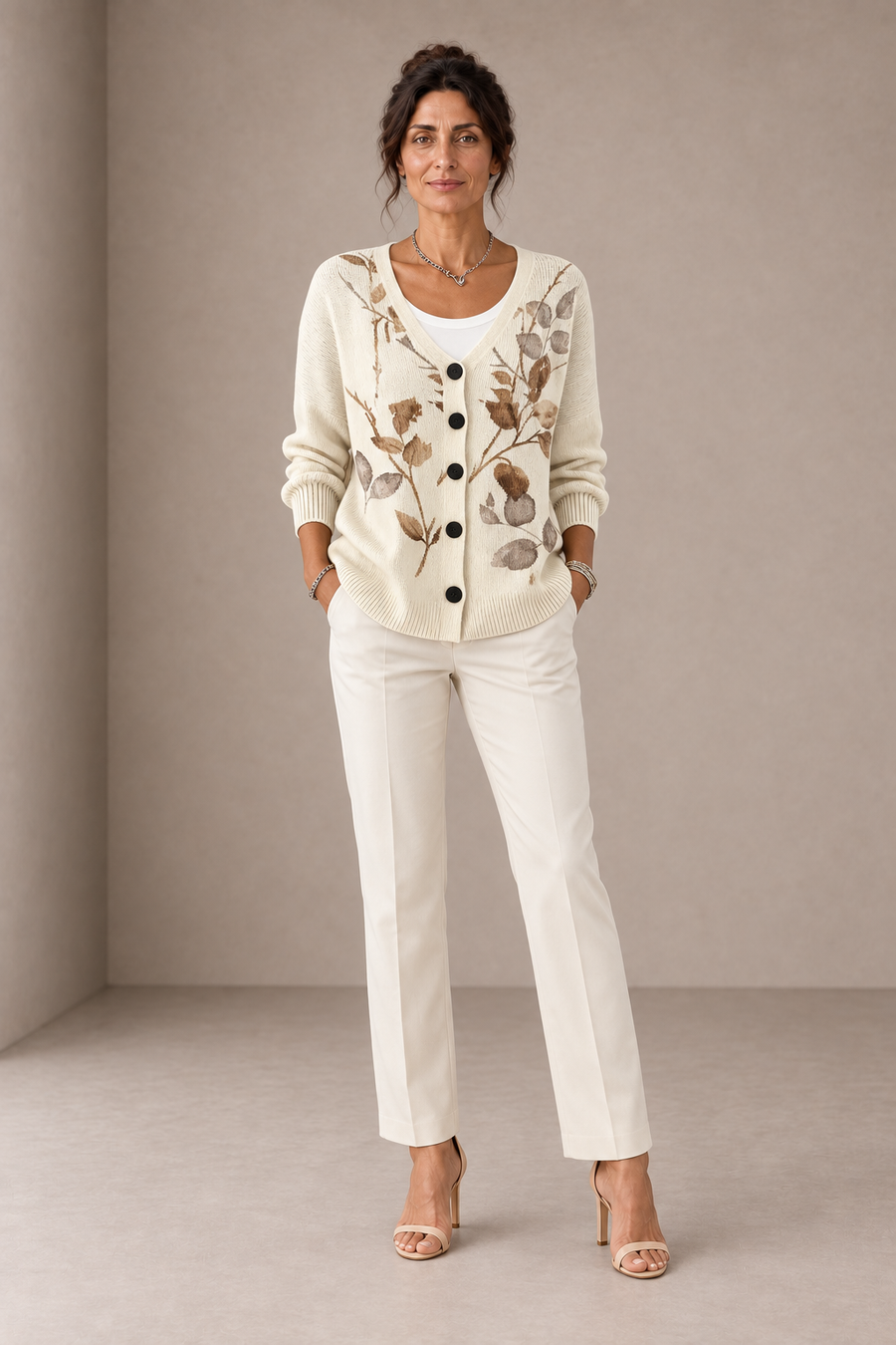 Patrizia | Ivory Cardigan with Brown Leaves
