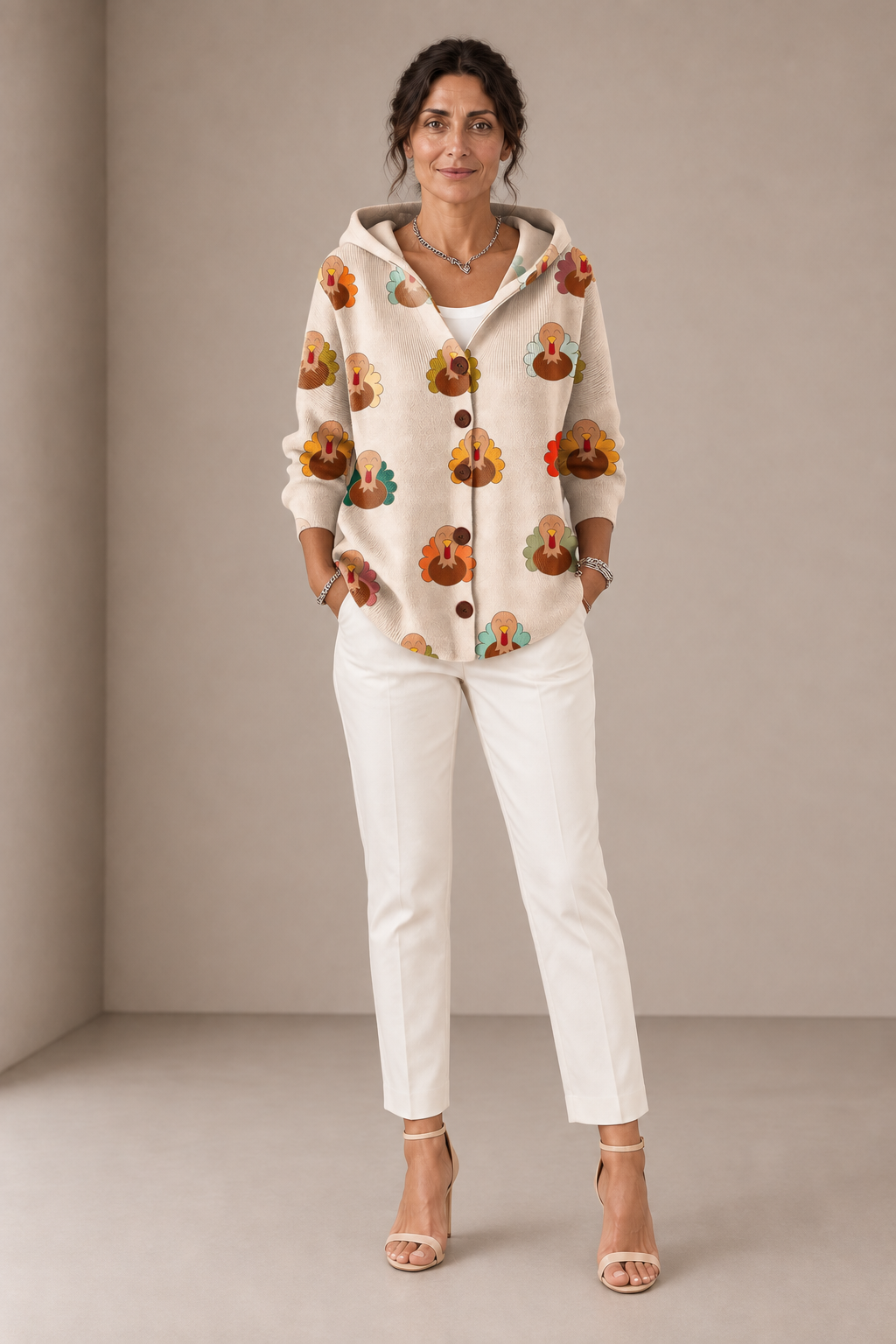 Pierina | Beige Hooded Cardigan with Turkeys