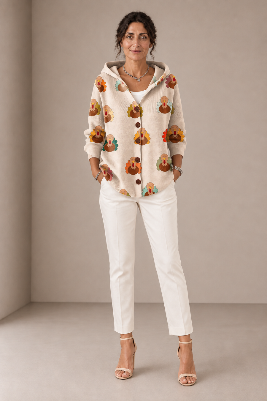 Pierina | Beige Hooded Cardigan with Turkeys