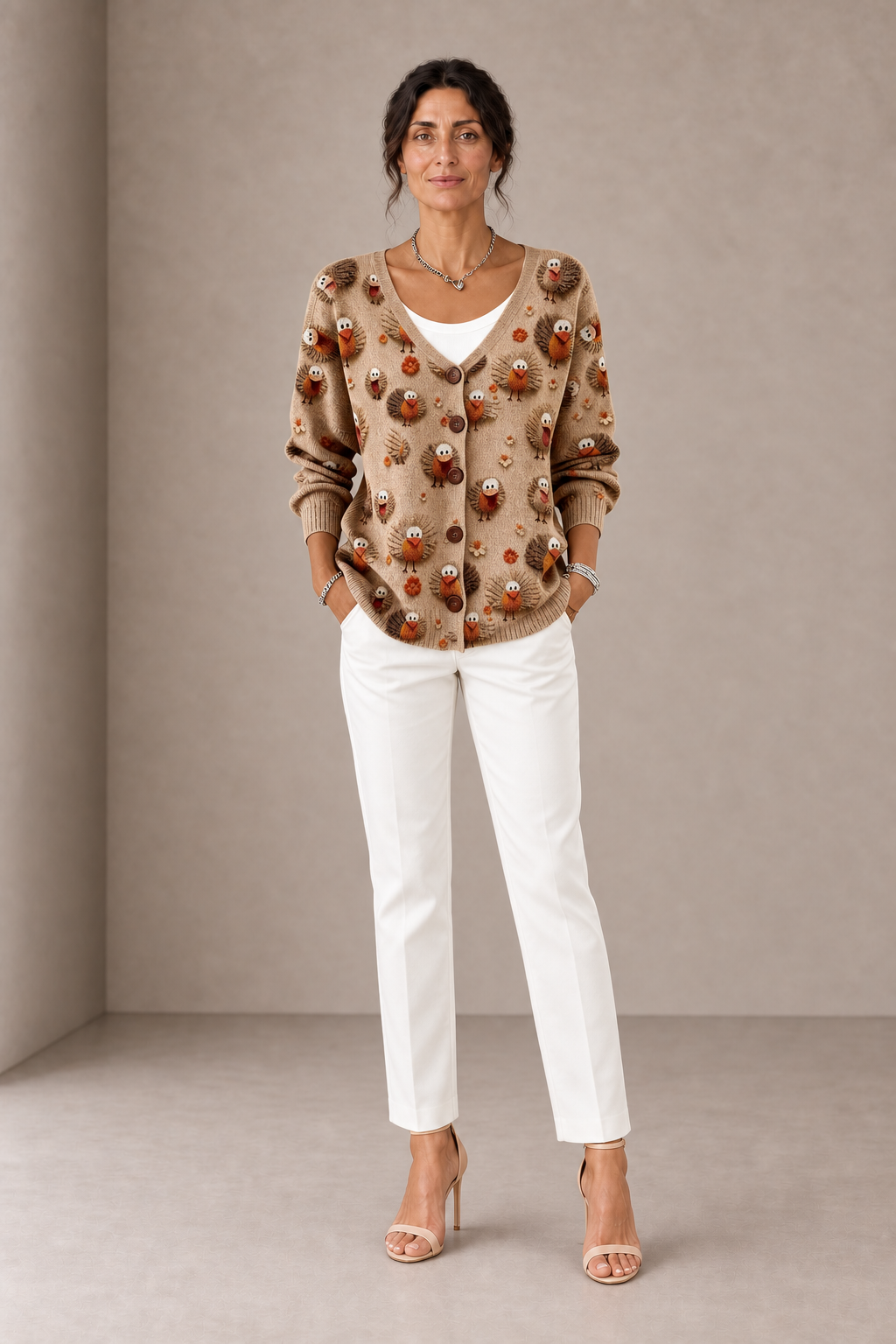 Ramona | Camel Cardigan with Turkey Pattern