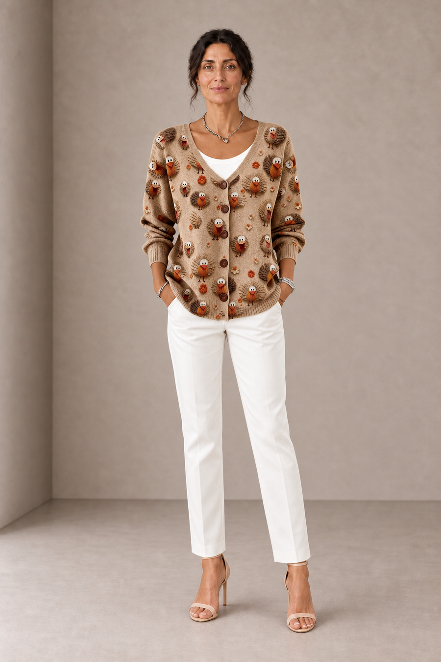 Ramona | Camel Cardigan with Turkey Pattern