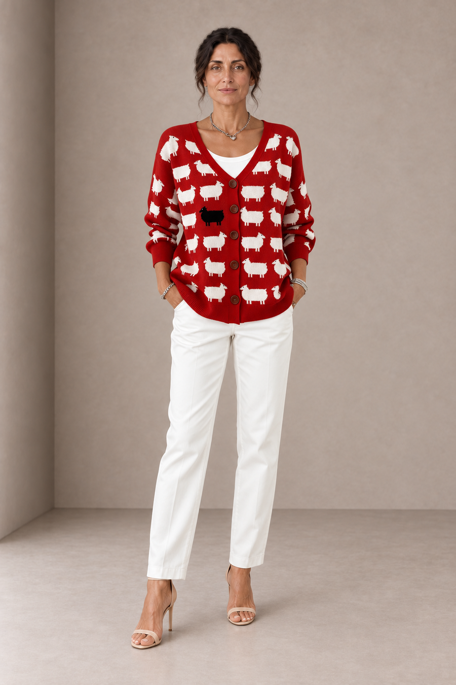 Renata | Red Cardigan with White Sheep