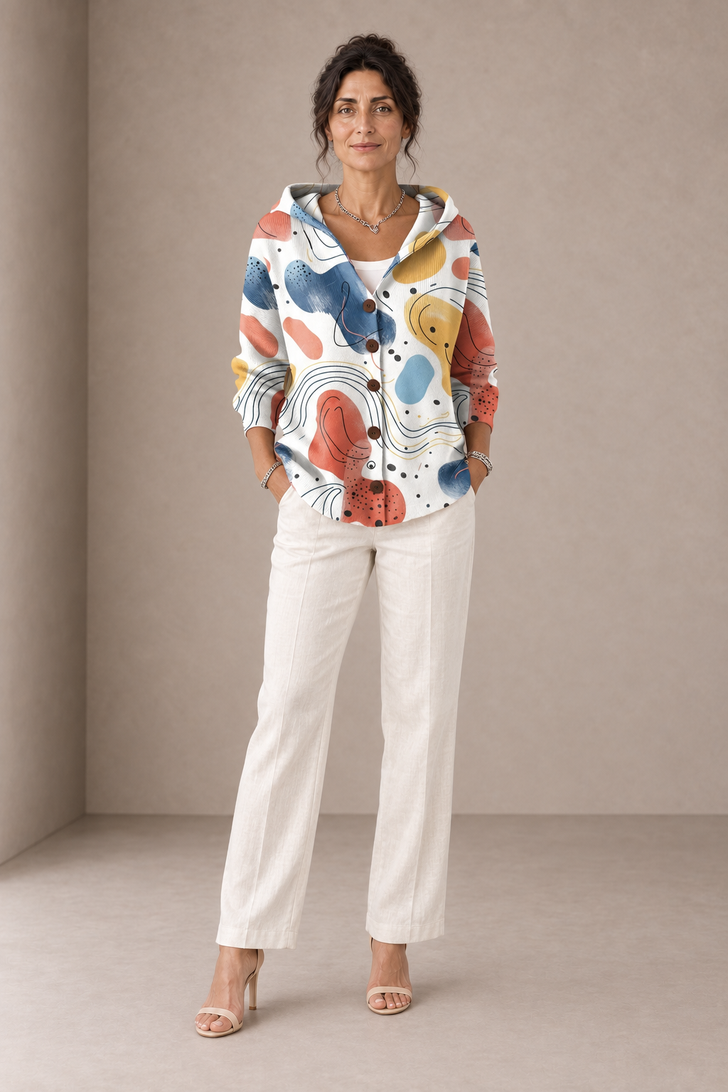 Stella | White Abstract Hooded Cardigan