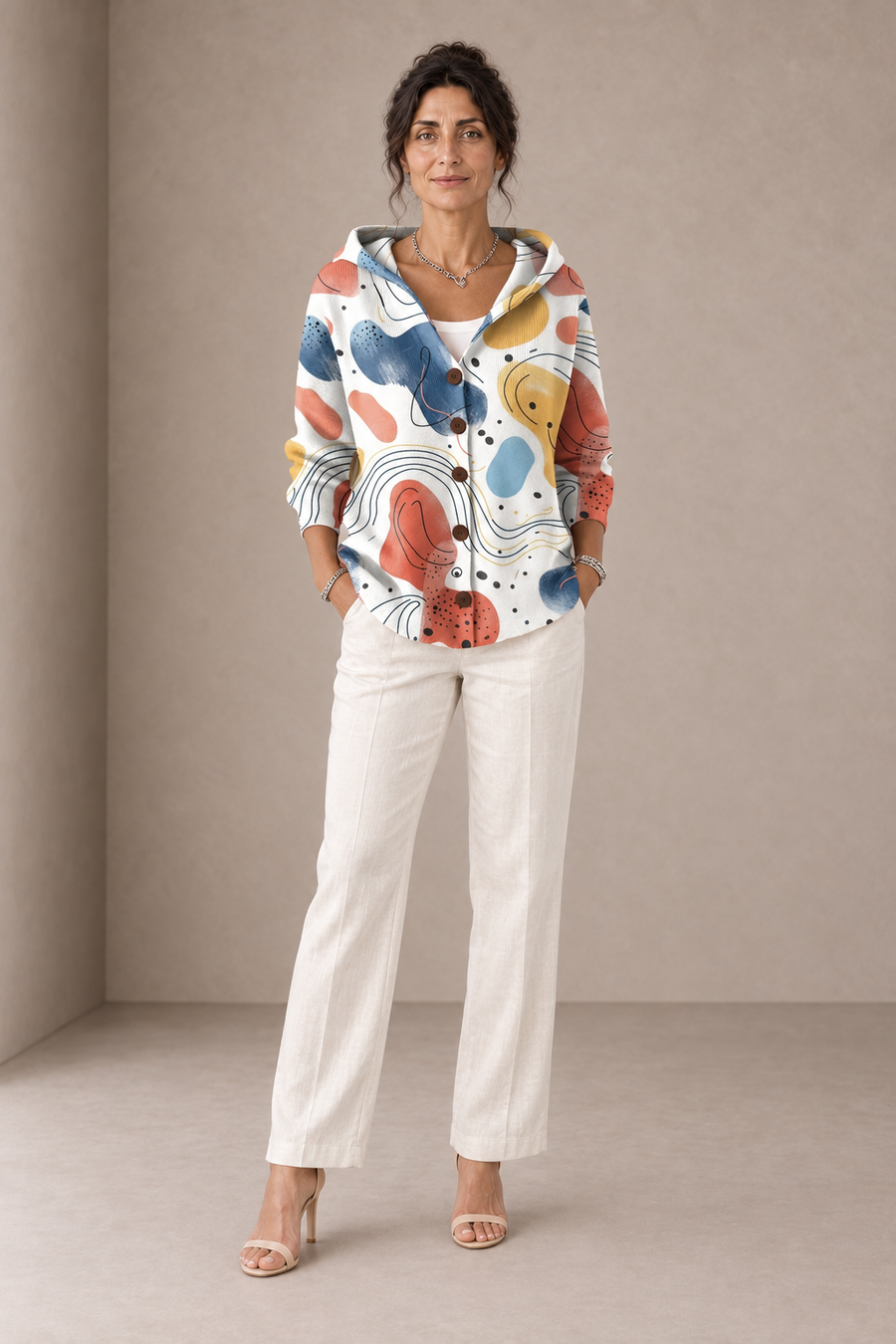 Stella | White Abstract Hooded Cardigan