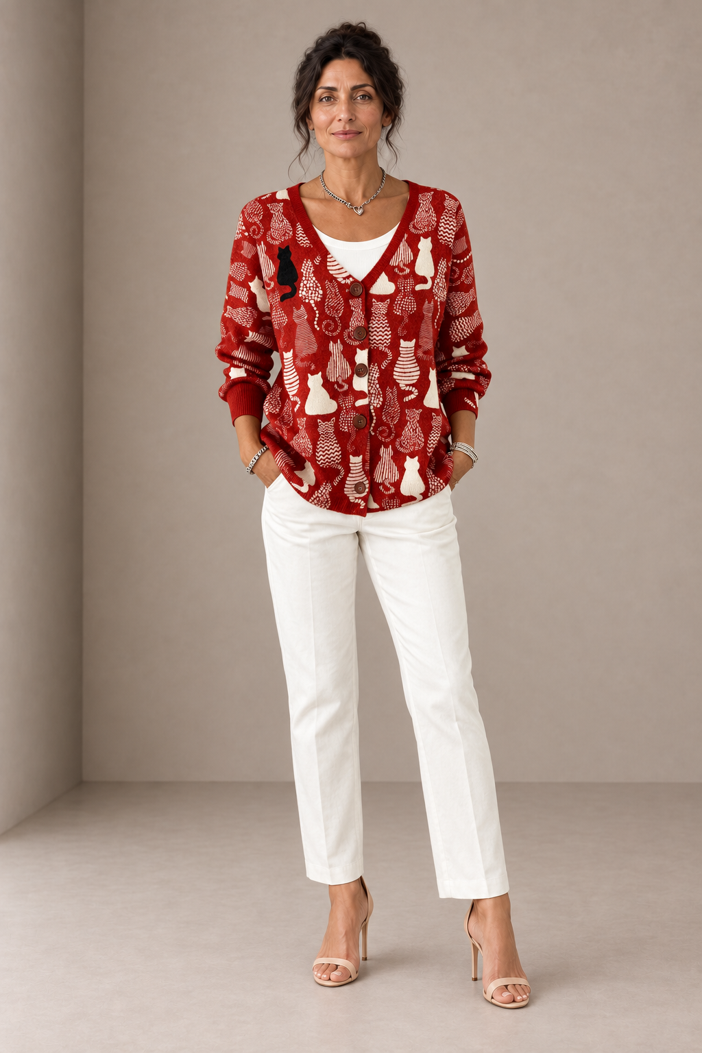 Vittoria | Red Cardigan with Playful Cats